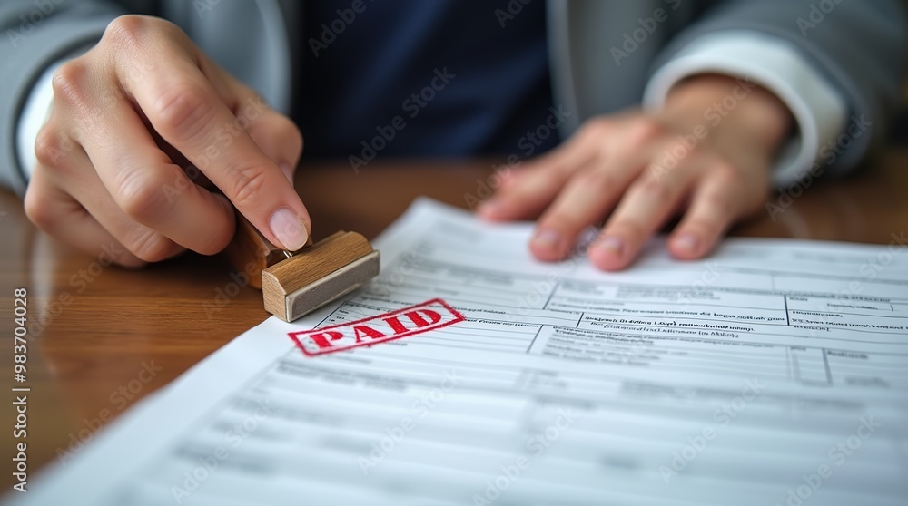 Business professional stamping paid on tax form at office desk Business professional stamping paid on tax form at office desk