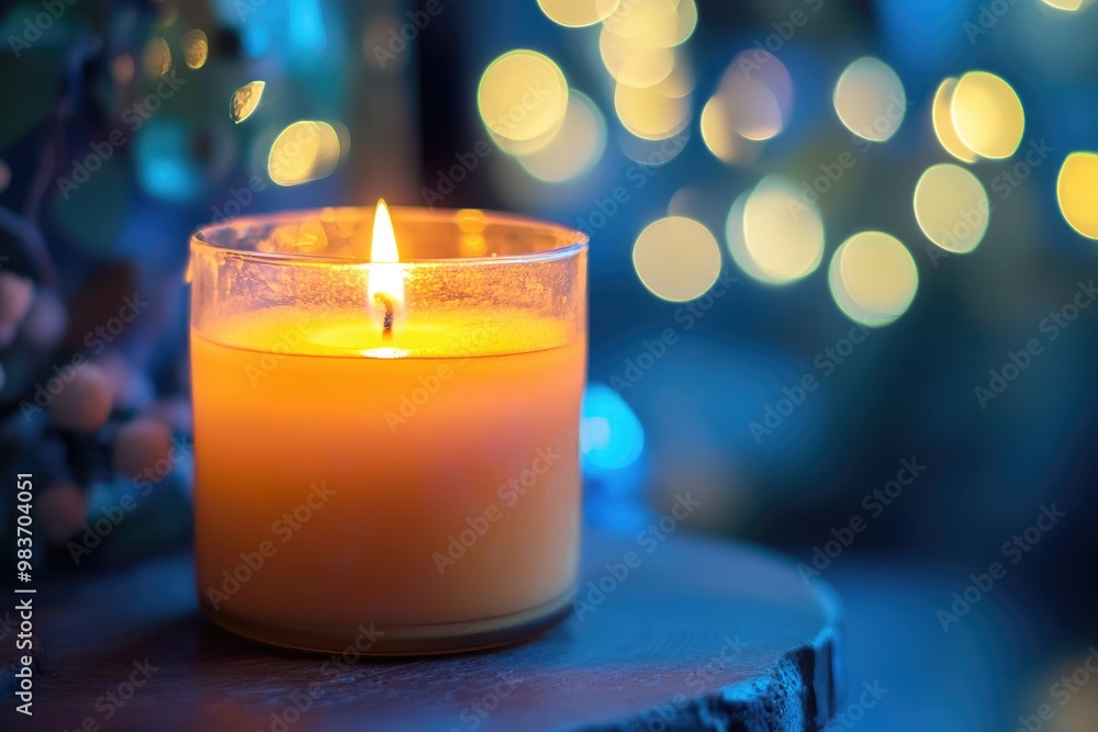 A Single Candle Flame Illuminated Against a Blue and Gold Bokeh Background A Single Candle Flame Illuminated Against a Blue and Gold Bokeh Background