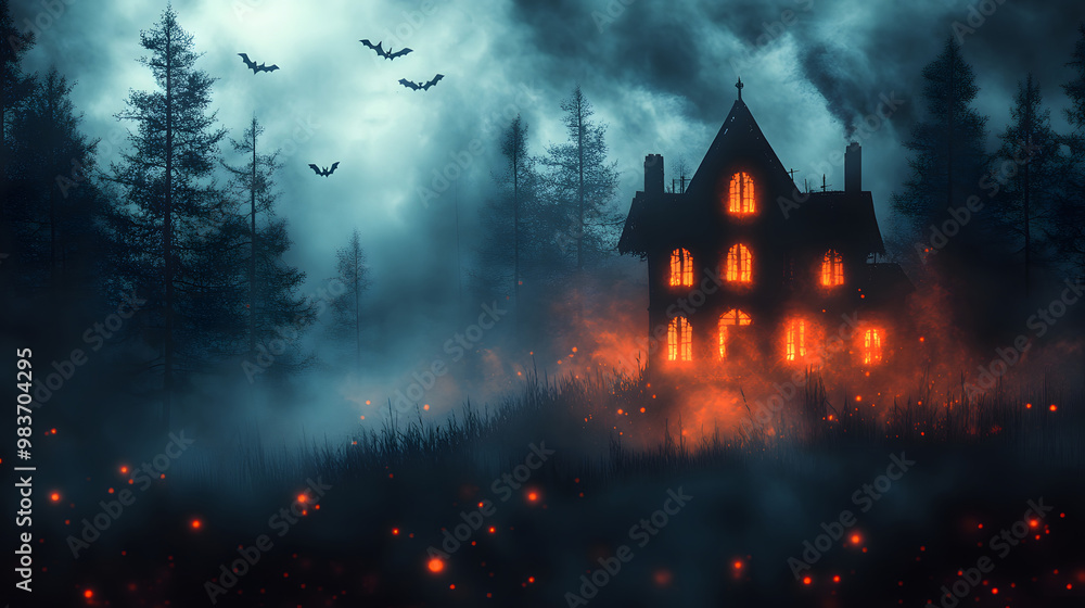 Haunted house in papercut style with bats swirling in the sky, set against a foggy backdrop, creating a spooky Halloween atmosphere. Haunted house in papercut style with bats swirling in the sky, set against a foggy backdrop, creating a spooky Halloween atmosphere.