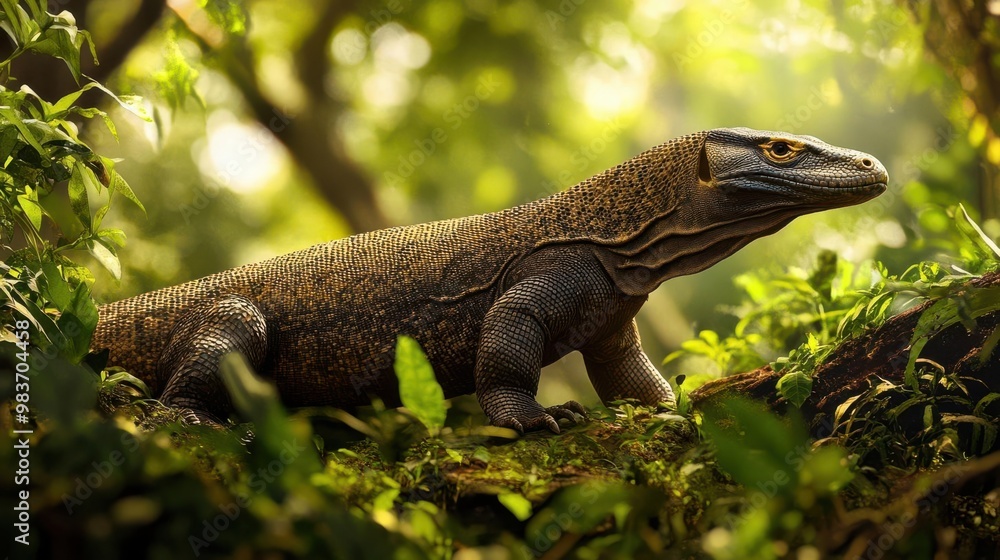 A vibrant image of a Komodo Dragon moving through the lush undergrowth of a tropical forest A vibrant image of a Komodo Dragon moving through the lush undergrowth of a tropical forest