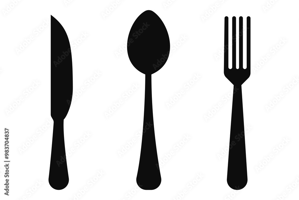 Fork, knife, spoon and plate set icons Silhouette of cutlery vector illustration Fork, knife, spoon and plate set icons Silhouette of cutlery vector illustration