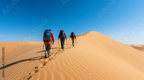 Group of hikers trekking across desert dunes 