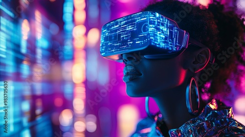 Woman Wearing VR Headset in Neon-Lit Setting