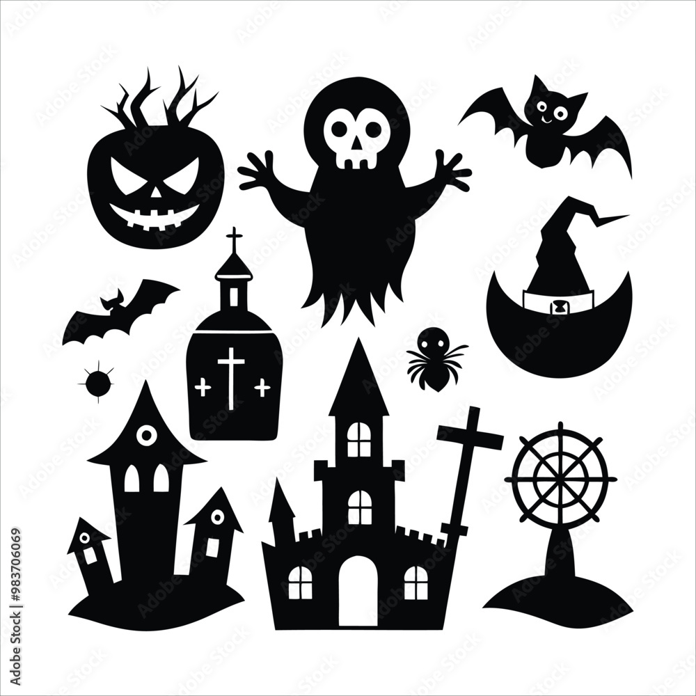 Obraz premium set of black silhouettes and icons of monsters creatures and elements for halloween