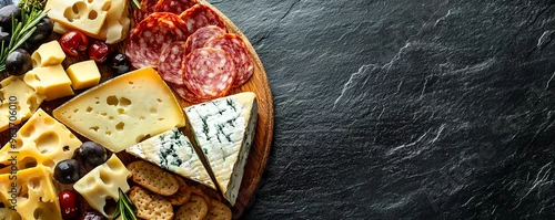 Obraz  z motywem Cheese and charcuterie board with assorted cheeses, meats, and crackers on a dark slate background. Perfect for appetizers and gourmet presentations.
