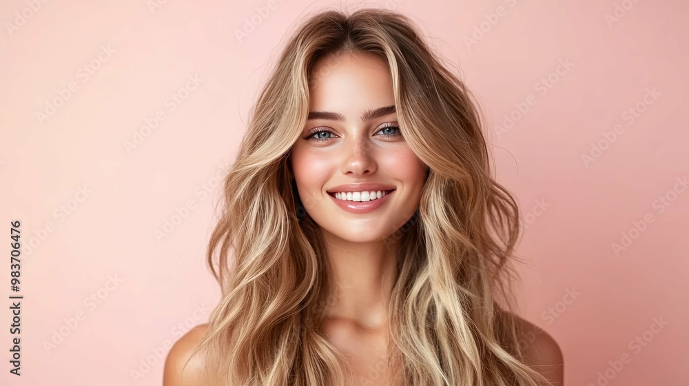 Blonde woman with a bright smile against a soft pink background. Blonde woman with a bright smile against a soft pink background.