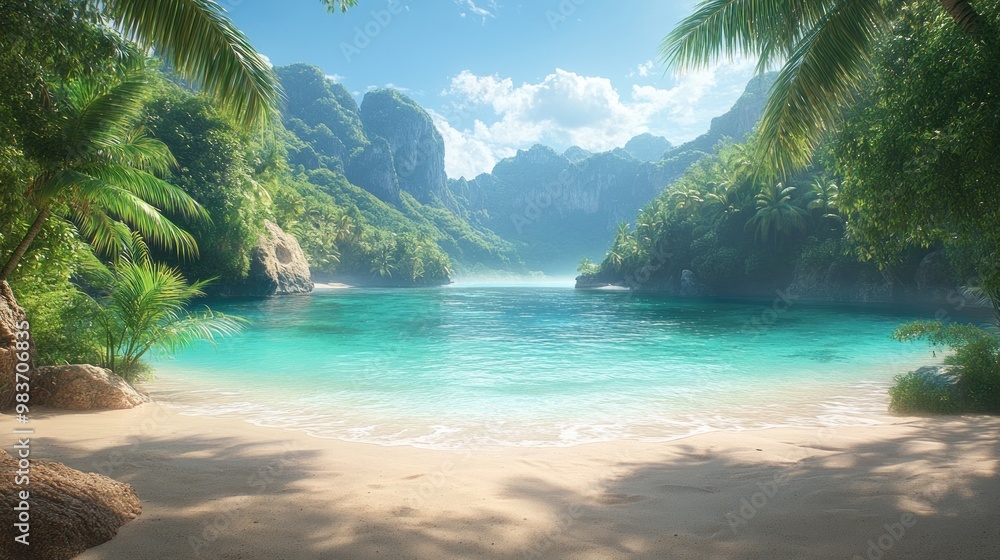 Serene tropical beach with mountains and clear turquoise water. Serene tropical beach with mountains and clear turquoise water.