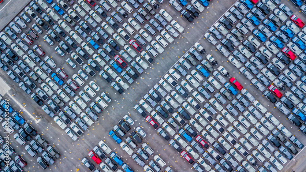 Aerial view new cars lined up in the port for import and export, Top view of new cars lined up automobile factory global logistic import export, New cars logistic to dealership for sale. Aerial view new cars lined up in the port for import and export, Top view of new cars lined up automobile factory global logistic import export, New cars logistic to dealership for sale.