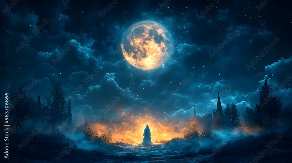 Fototapeta premium Halloween night with a bright full moon and a spooky ghost, 3D vector art perfect for creating party invitations.