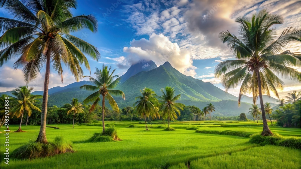 Scenic view of a mountain with a lush green field and palm trees , nature, landscape, mountain, greenery, tropical Scenic view of a mountain with a lush green field and palm trees , nature, landscape, mountain, greenery, tropical