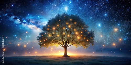 A magical arafed tree adorned with glowing lights against a starry night sky, arafed tree, glowing, lights, night sky photo