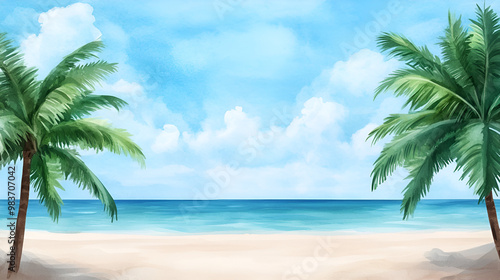 Resort on tropical beach with sea and trees when summer. Cartoon or anime watercolor digital painting illustration style. seamless looping 4k video animation background.