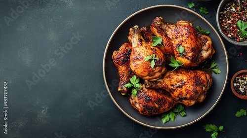 Delicious roasted chicken legs garnished with parsley, served on a black plate with spices on the side, perfect for a savory feast.