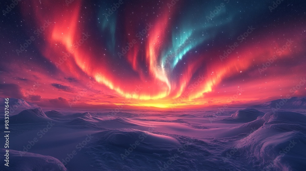 Fototapeta premium Vibrant auroras illuminate a serene winter landscape at sunset.