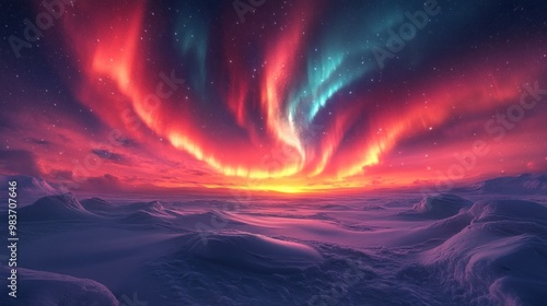 Vibrant auroras illuminate a serene winter landscape at sunset.