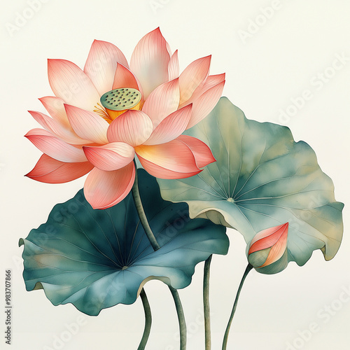 Abstract watercolor lotus flowers on illustration on white background, Sketch illustration painting of red lily drawing