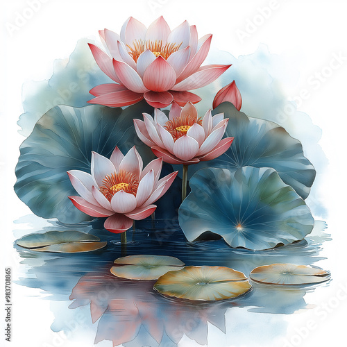 Abstract watercolor lotus flowers on illustration on white background, Sketch illustration painting of red lily drawing photo