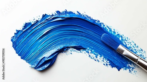 Blue Paint Stroke with Brush on White Background