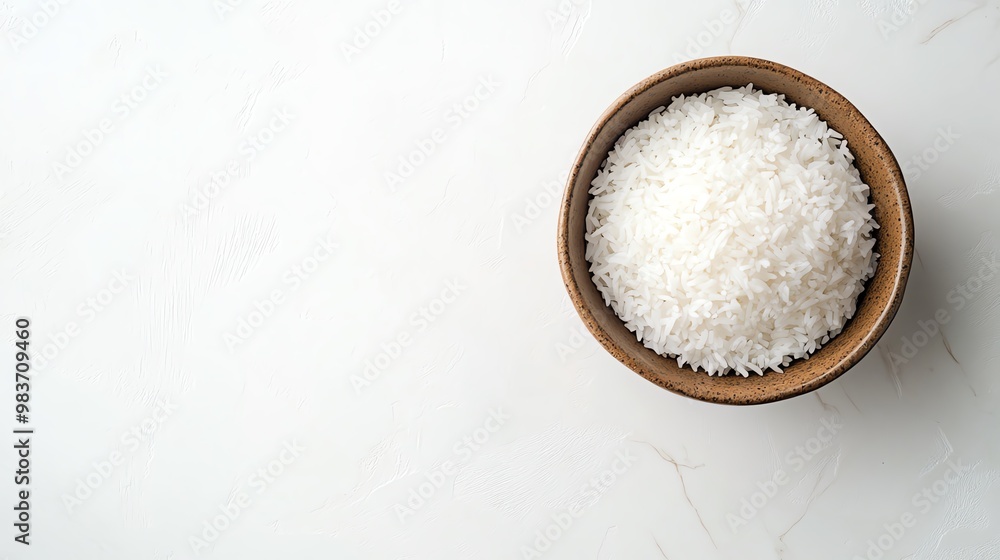 Top view of a wooden bowl filled with white rice on a white marble surface. Minimalist design concept for healthy and natural food. Top view of a wooden bowl filled with white rice on a white marble surface. Minimalist design concept for healthy and natural food.