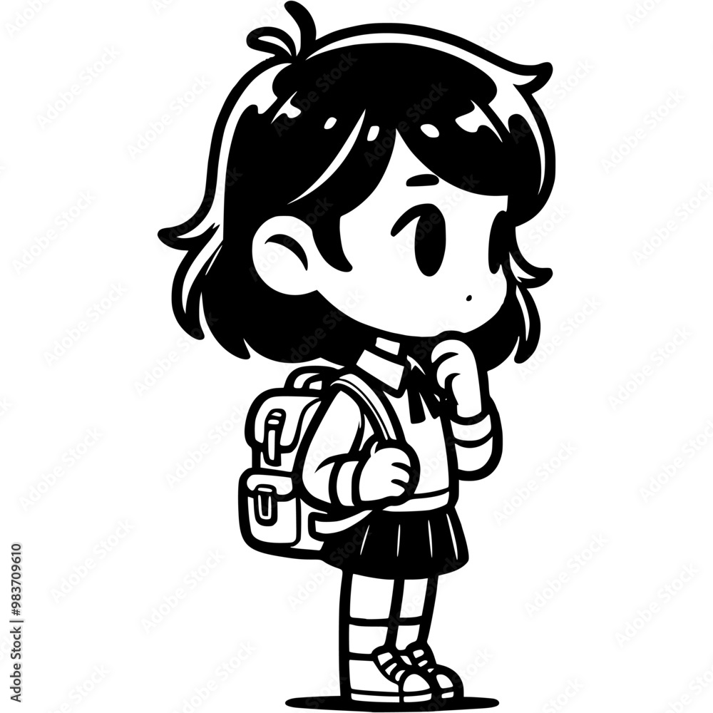 Obraz premium Schoolgirl thought looking forward in monochrome. Simple minimalistic vector in black ink drawing on transparent background