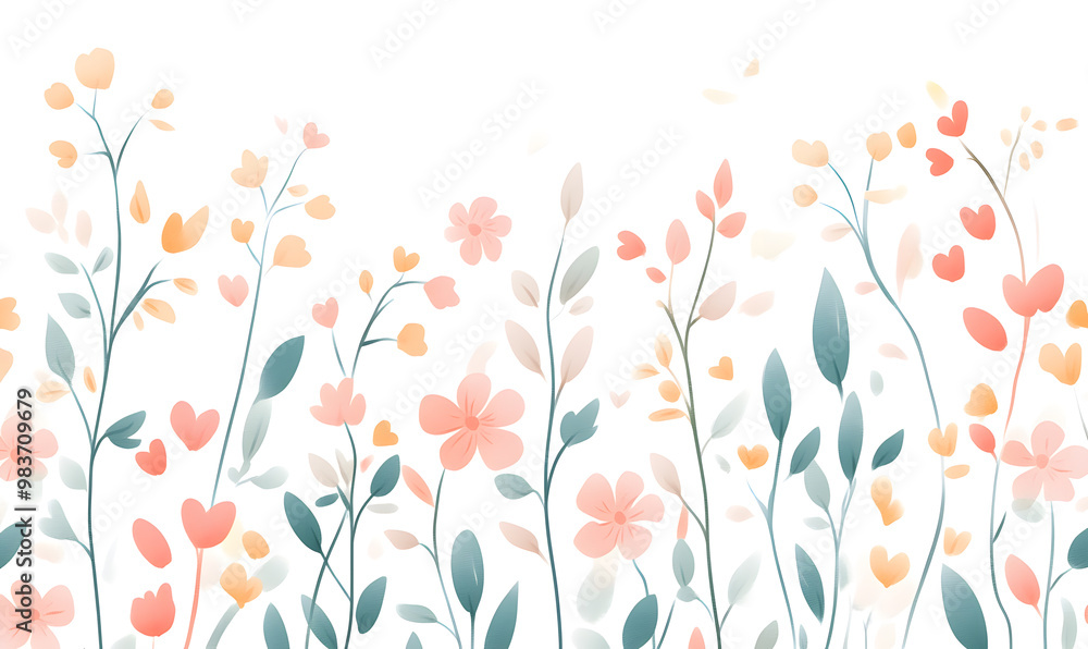 2D illustrator doodle-style floral and leaf graphics on a white background or wallpaper 2D illustrator doodle-style floral and leaf graphics on a white background or wallpaper