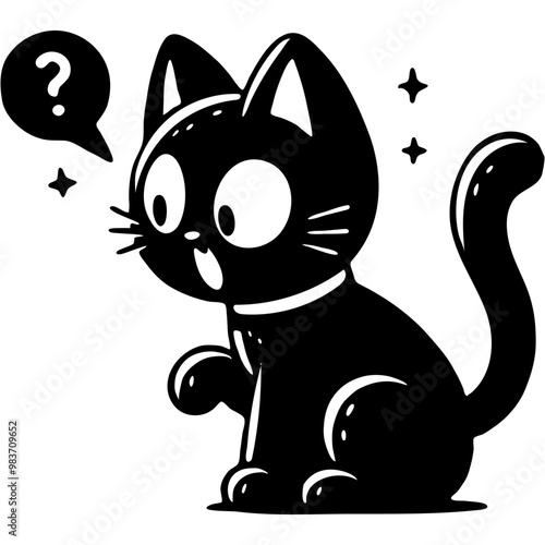 Surprised black cat looks at object in monochrome. Simple minimalistic vector in black ink drawing on transparent background