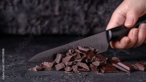 Chopping chocolate with a heavy-duty knife, small and even pieces, pastry kitchen setting, detailed and careful technique