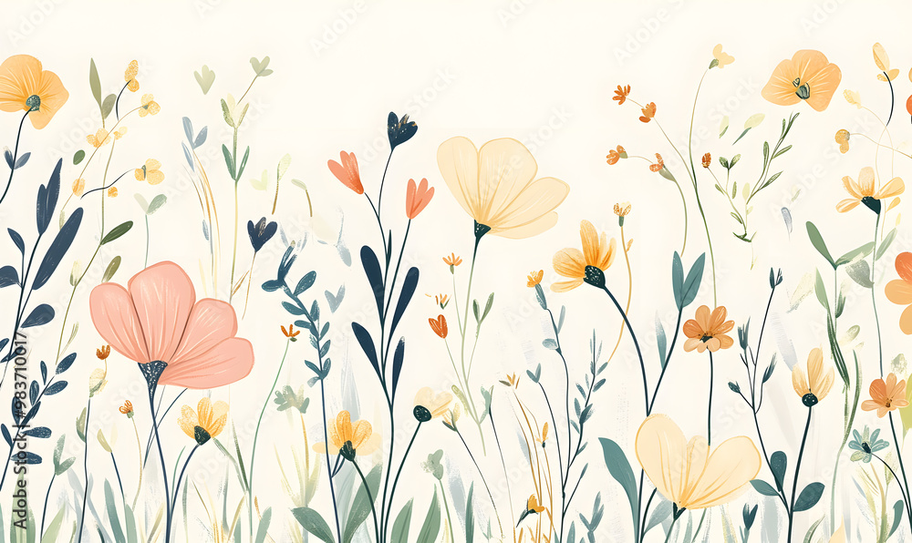 Naklejka premium 2D illustrator doodle-style floral and leaf graphics on a white background or wallpaper