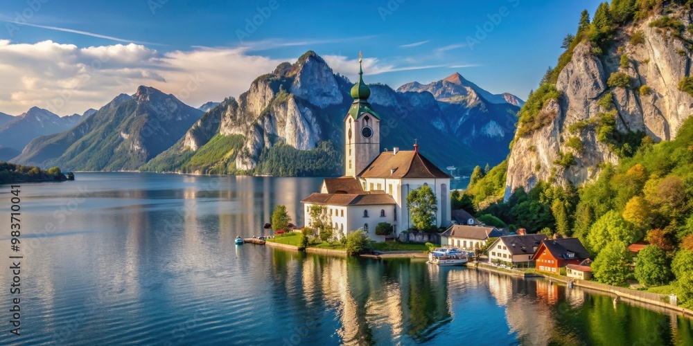Fototapeta premium Cathedral overlooking Lake Traunsee in Traunkirchen, Austria, cathedral, Traunkirchen, Salzkammergut, Austria, lake