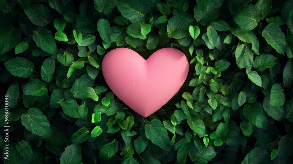 A charming pink heart surrounded by lush green leaves symbolizes love, nature, growth, tenderness, and hope. A charming pink heart surrounded by lush green leaves symbolizes love, nature, growth, tenderness, and hope.