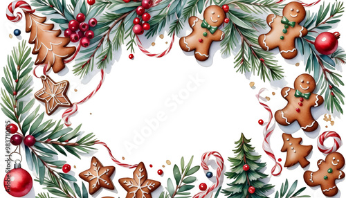 berries gingerbread illustration olated christmas toys painted hand fir festive background white vintage watercolor garland winter tree branches christmas watercolor border garland greeting advent