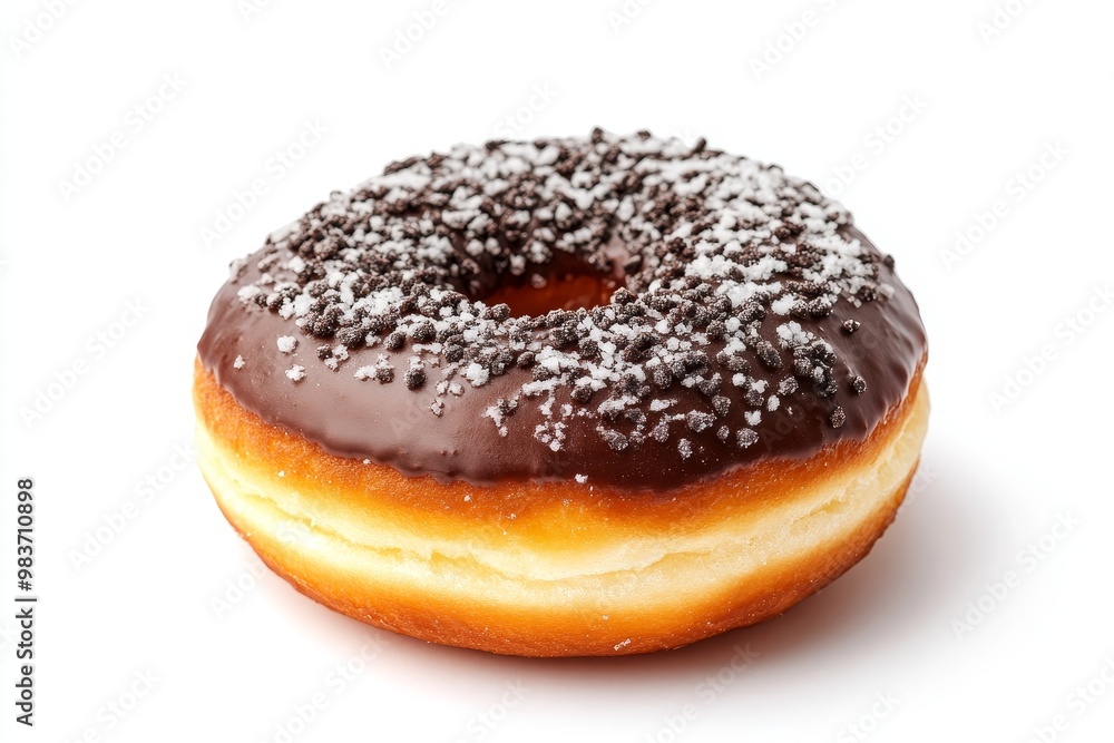A close-up of a freshly baked Berliner doughnut with a rich chocolate glaze and sprinkles. The doughnut is perfectly shaped and ready to be devoured, with a light dusting of powdered sugar. A close-up of a freshly baked Berliner doughnut with a rich chocolate glaze and sprinkles. The doughnut is perfectly shaped and ready to be devoured, with a light dusting of powdered sugar.