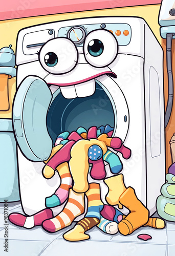 A cartoon washing machine happily eats a pile of colorful socks, perfect for laundry or housework designs