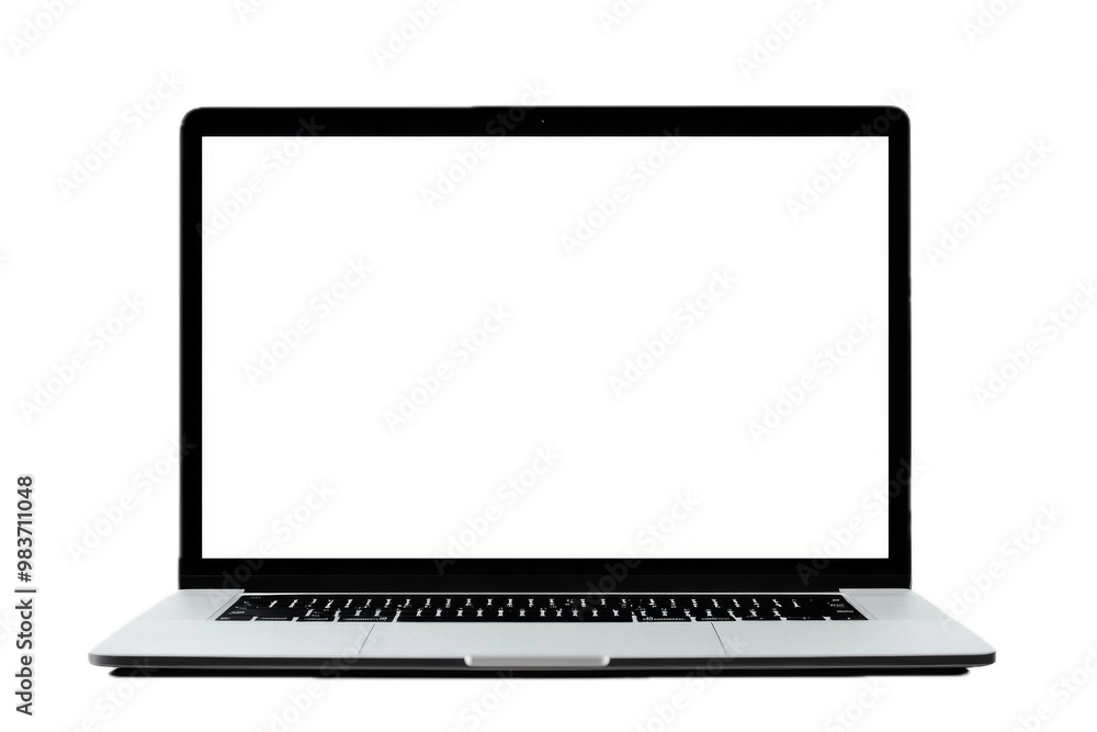 Open laptop with blank screen on a white background, ideal for business display or mockup, minimalistic and clean design for corporate branding or product presentation. Open laptop with blank screen on a white background, ideal for business display or mockup, minimalistic and clean design for corporate branding or product presentation.