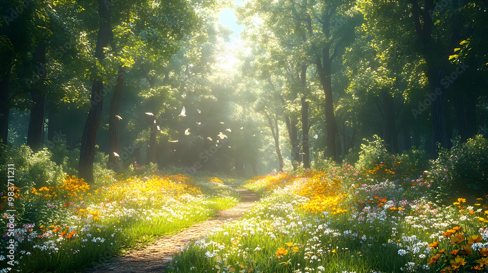 Sunlit Forest Path with Wildflowers - 3D Illustration Sunlit Forest Path with Wildflowers - 3D Illustration