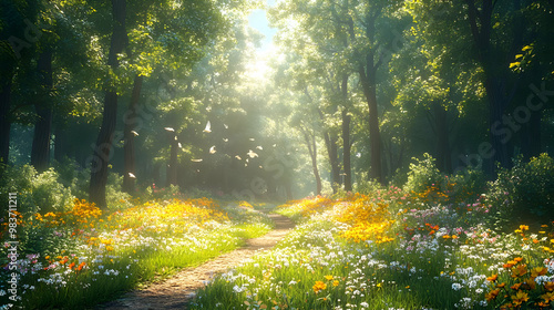 Sunlit Forest Path with Wildflowers - 3D Illustration