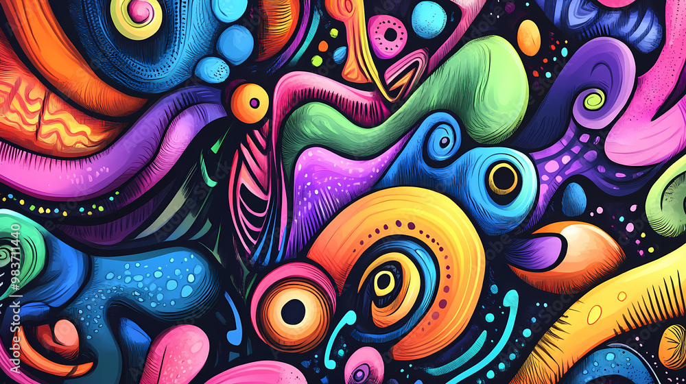 Naklejka premium Design art background with a playful, colorful doodle style, whimsical shapes and bright hues creating a fun, lively vibe. Doodle Art. Illustration