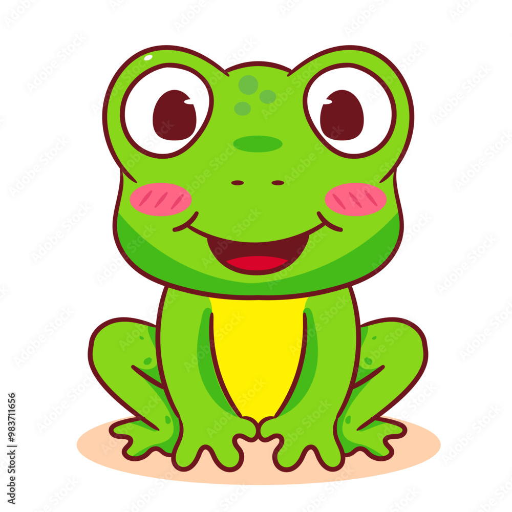 Fototapeta premium Cute frog cartoon character smiling widely. Adorable animal concept design. Isolated white background. Vector art illustration.