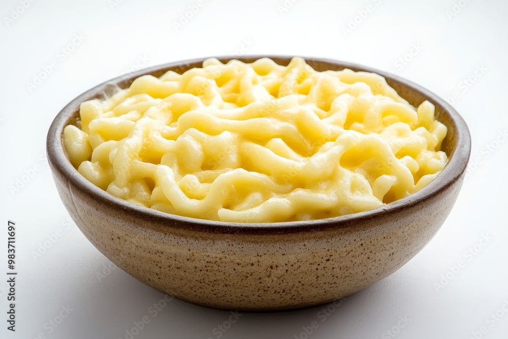 A close-up shot of a bowl of creamy macaroni and cheese. The noodles are covered in a thick, cheesy sauce and the bowl is brown and speckled. A close-up shot of a bowl of creamy macaroni and cheese. The noodles are covered in a thick, cheesy sauce and the bowl is brown and speckled.