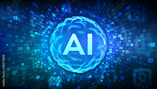 AI. Artificial intelligence. Abstract grid wave sphere with letters AI. Machine learning technology. Neural networks. Binary code background with digits 1.0. Binary Data Flow. Vector illustration.