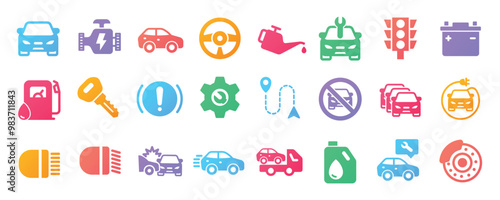 Car glyph solid icons collection. Containing vehicle, wheel, driver, engine. Minimal color icon and symbol series vector illustration