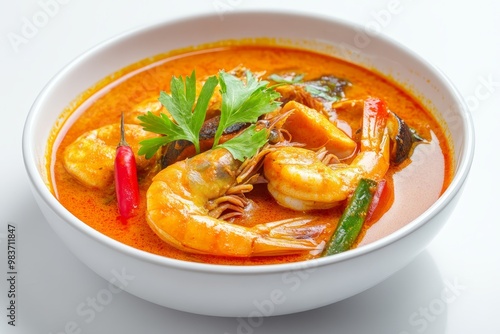 A close-up shot of a bowl of spicy shrimp curry with coconut milk and herbs, featuring a vibrant red chili pepper and fresh cilantro. The dish evokes flavors of Southeast Asia and promises a delicious