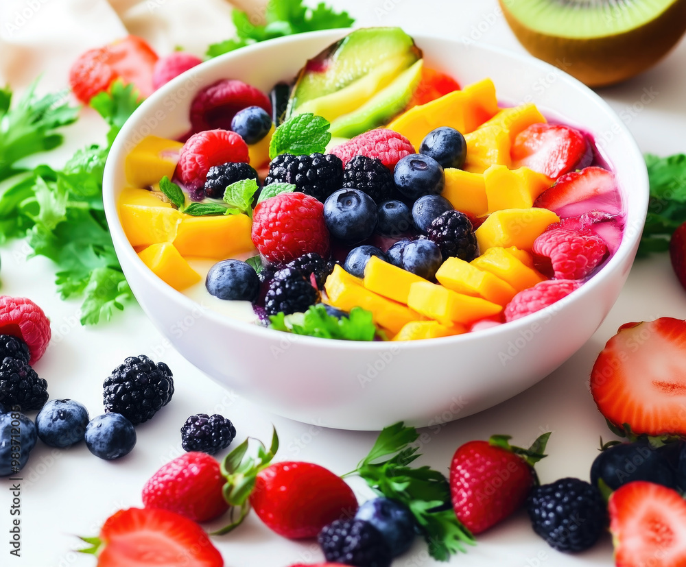 Delicious smoothie bowl with fresh berries, mango and avocado Delicious smoothie bowl with fresh berries, mango and avocado