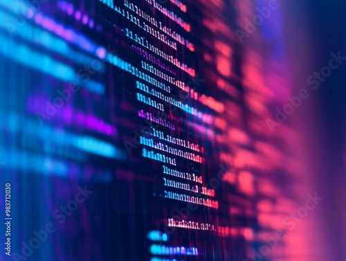 Abstract representation of software development with blurred computer code and screens, highlighting Python programming, AI-inspired visuals, and creativity in technology and data science.