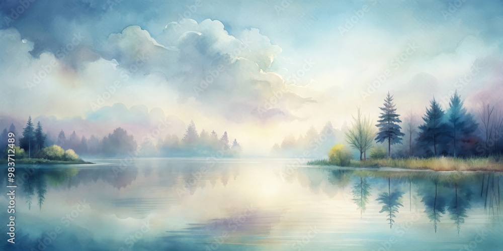 Fototapeta premium Minimalist watercolor of a mystical lake in a cloudy environment with pastel colors , watercolor,lake, mystical, cloudy, pastel