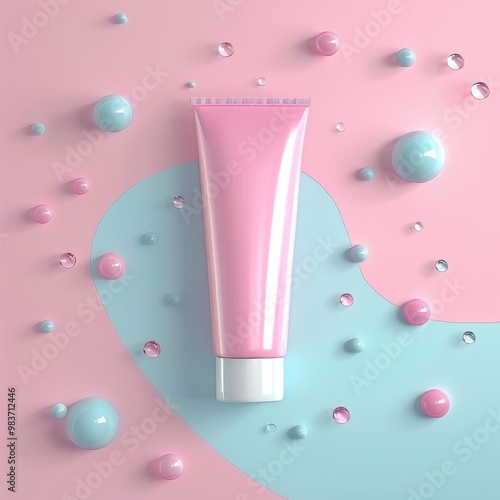 Pink Cosmetic Tube on a Pink and Blue Background with Scattered Spheres