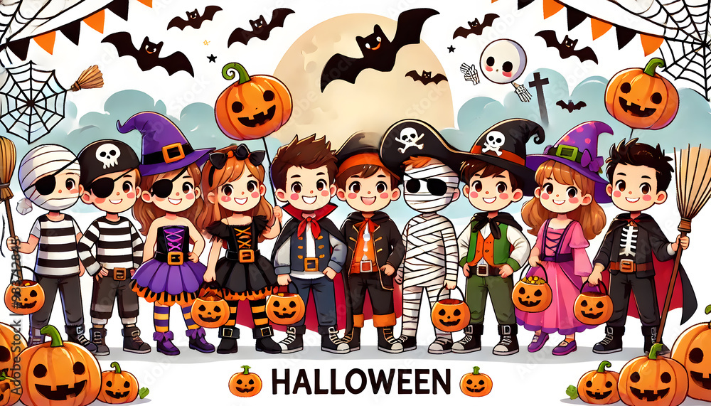 Fototapeta premium ハロウィンコスチュームを着た子供たちの楽しい集まり