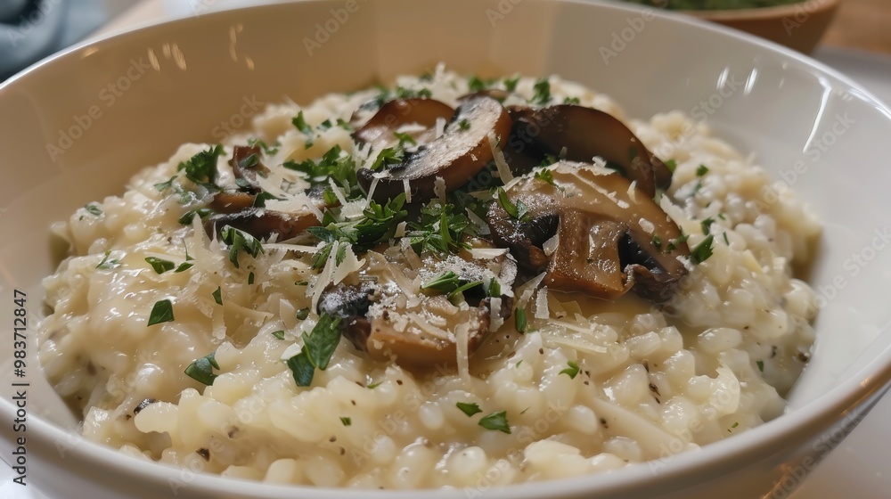 Bowl of Creamy Risotto with Wild Mushrooms, Parmesan, Truffle Oil, and Fresh Parsley Garnish Bowl of Creamy Risotto with Wild Mushrooms, Parmesan, Truffle Oil, and Fresh Parsley Garnish