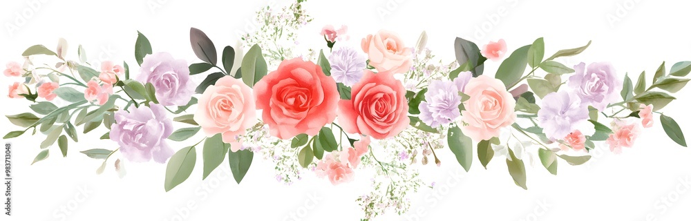 Fototapeta premium Watercolor garland of pink and red roses, pale purple carnations, baby's breath flowers, 