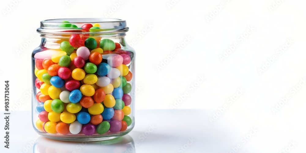 A clear glass jar filled with colorful candies on a white background, glass, jar, candy, colorful, sweet,container A clear glass jar filled with colorful candies on a white background, glass, jar, candy, colorful, sweet,container